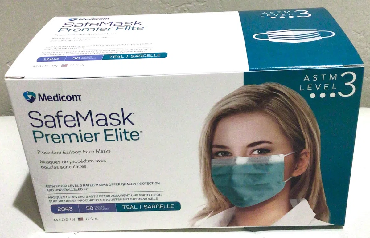 Medicom ASTM Nivel 3 SafeMask Premier Elite Mascarillas faciales 2043, verde azulado, 50/caja