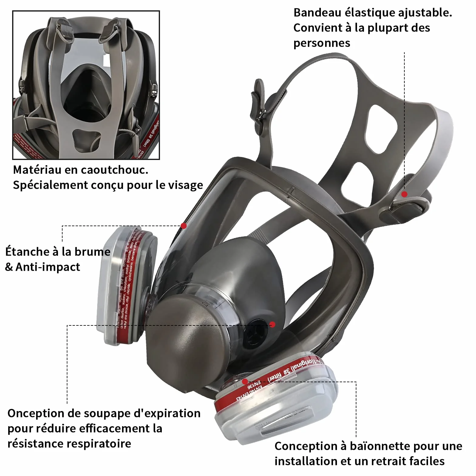 Faburo Respirator Facial Completo Reutilizable, Protección Respiratoria | Con 10 filtros de repuesto y 5 pares de guantes, para pintura, partículas, polvo, resina epoxi, lijado, soldadura