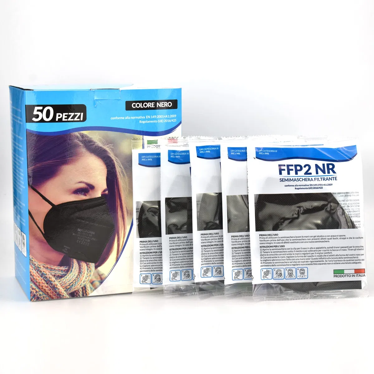 Mascarilla FFP2 negra con 50 unidades, con certificación CE 2233, fabricada en la UE, conforme a las normas EN149:2001+A1:2009 UE 2016/425, cómoda con elásticos flexibles y resistentes