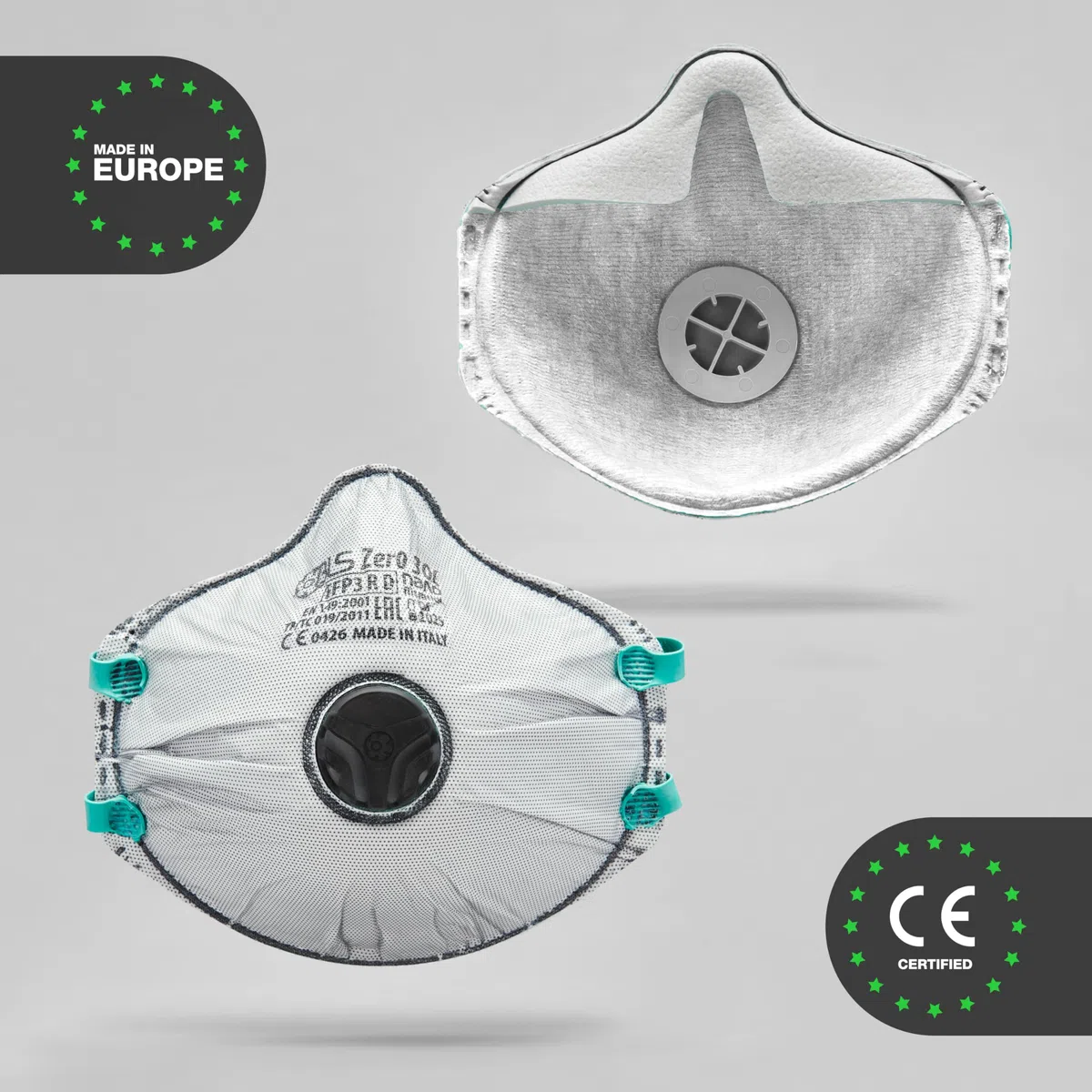 BLS 8006338 Serie Zer0 30 C Mascarillas Desechables en Forma de Copa, FFP3 R D, Con Válvula de Exhalación, Soldados Elásticos, Con Carbón Activado, Parcial Sellado Facial, Caja de 10