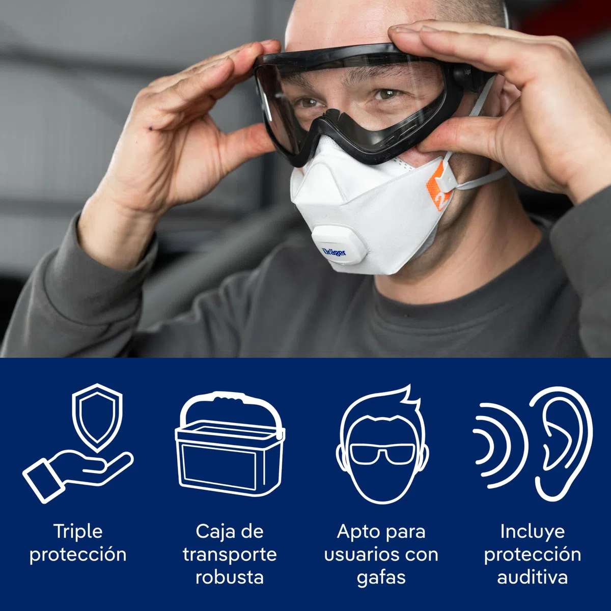 Dräger Kit básico de protección respiratoria artesanos – incluye media máscara X-plore 3300 M, filtros A2P3, 3 mascarillas FFP2, gafas X-pect 4200, tapones para los oídos y paños de limpieza
