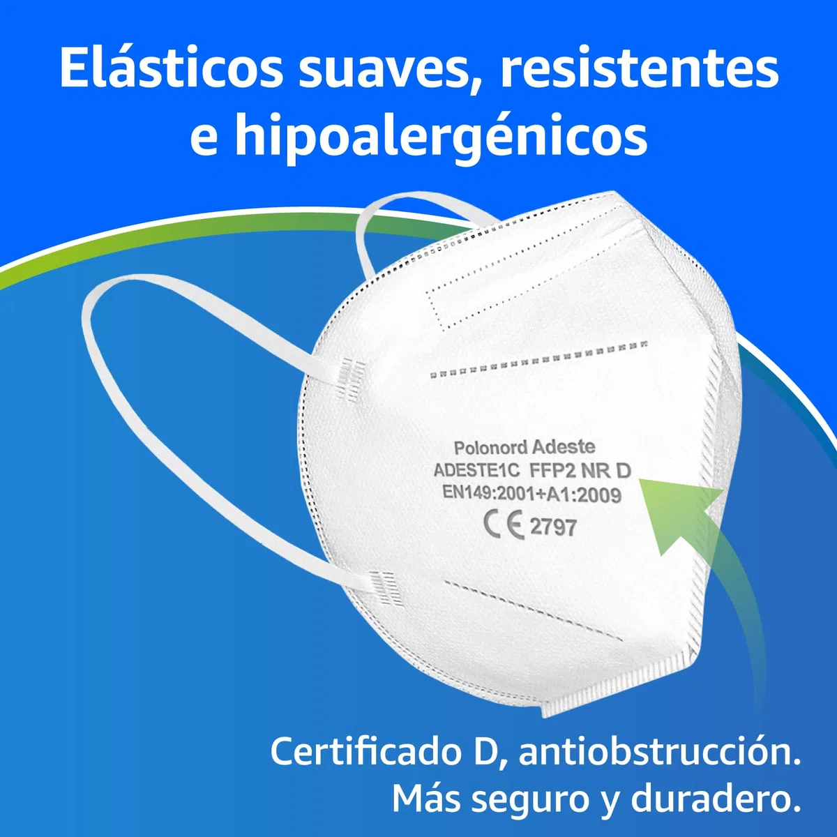 ADESTE – 50 Mascarillas FFP2 Blancas con Certificado CE, cadena controlada, elásticos cómodos, hipoalergénicos y regulables. Seguras: potencia de filtrado BFE >99,5%. Sobres individuales sellados