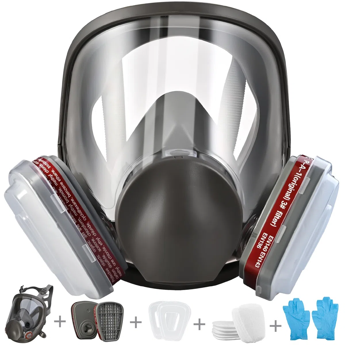 Faburo Cubierta de cara completa de seguridad con 10 filtros de algodón reemplazables y 5 pares de guantes para pintura, formaldehído, lijado, pulido, pulverización y otros trabajos