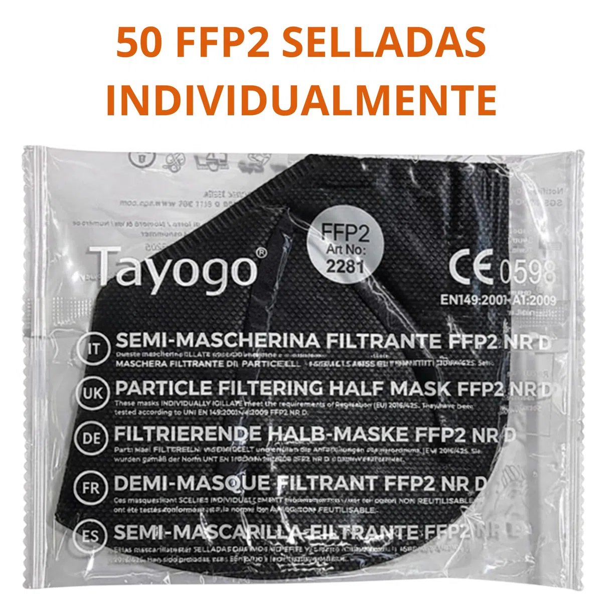Tayogo Mascarillas FFP2 Negras 50 Unidades CE 0598, Mascarilla FFP2 5 Capas, hasta 99,5% Filtración, Mascarilla Protección Respiratoria, Sin Válvula, Embalaje Individual, Gancho Salva Orejas