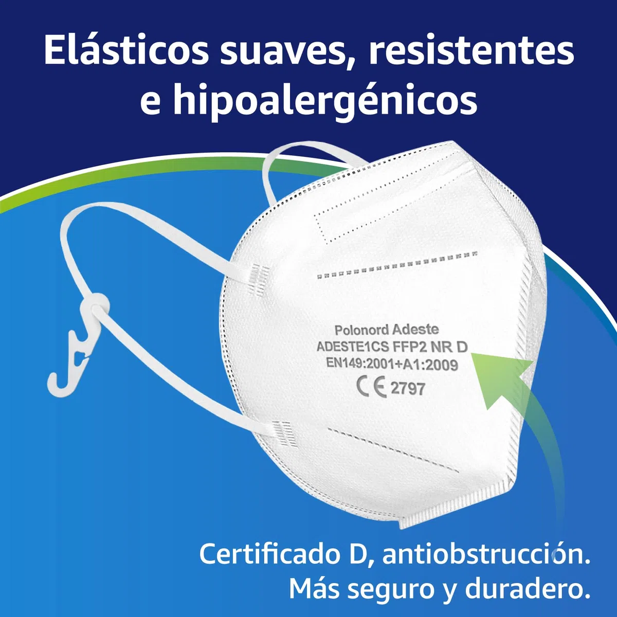 ADESTE – 50 Mascarillas FFP2 NR D Blancas con Certificado CE, cadena controlada, elásticos cómodos, hipoalergénicos y regulables. Seguras: potencia de filtrado BFE >99,5%. Sobres individuales sellados
