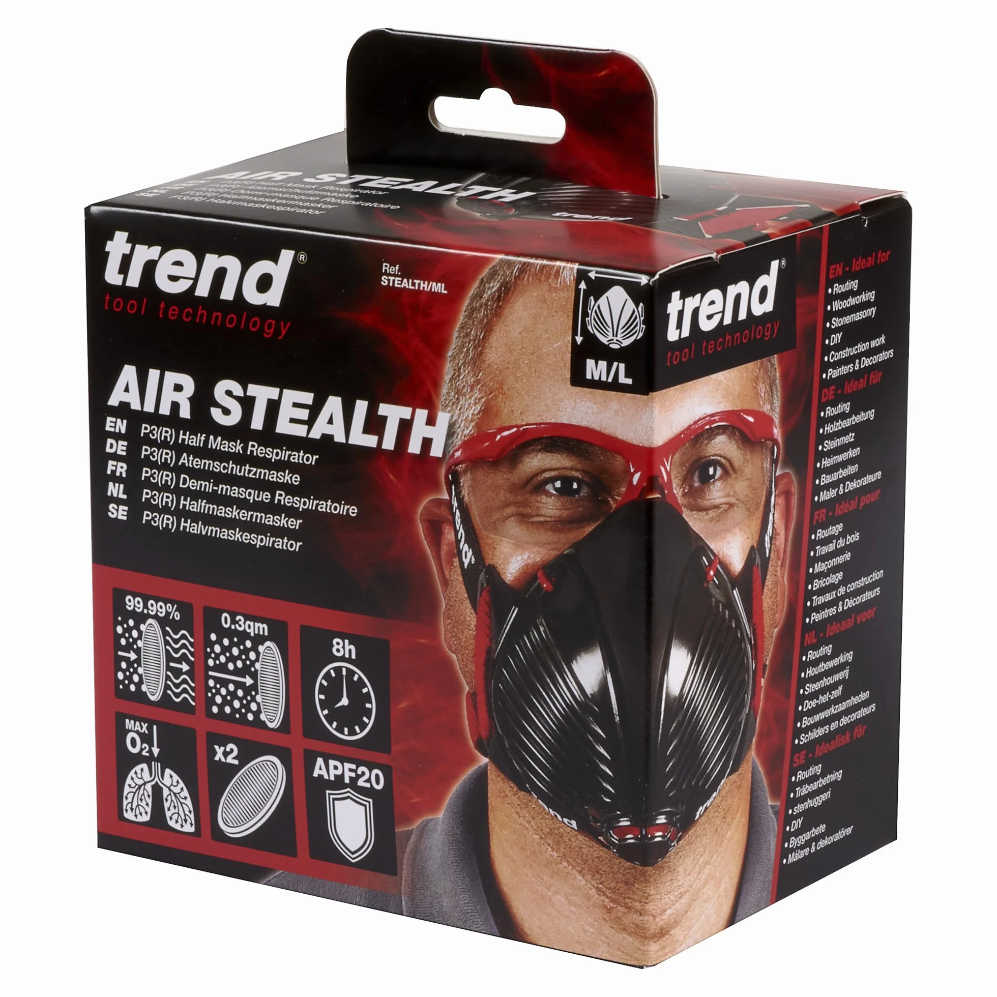 Trend Air Stealth P3 respirador reutilizable, M/L, filtros HEPAC | Protección cómoda todo el día con filtros HEPAC reemplazables y 99,99 % de filtración, STEALTH/ML
