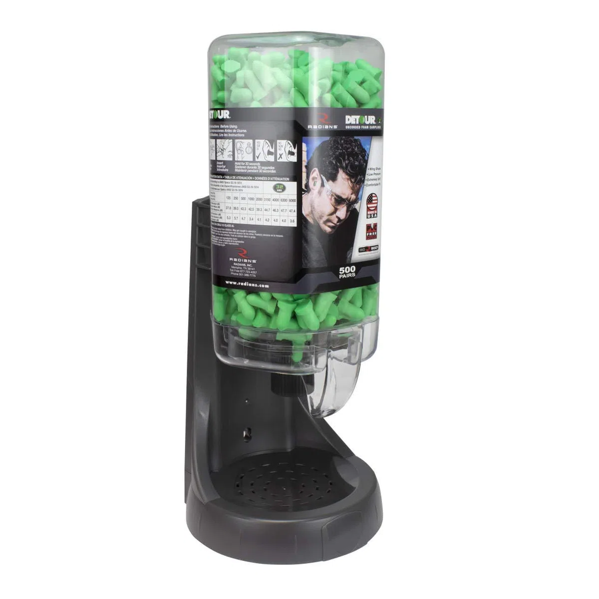 Dispensador recargable con 32 tapones para los oídos Detour - 500 pares