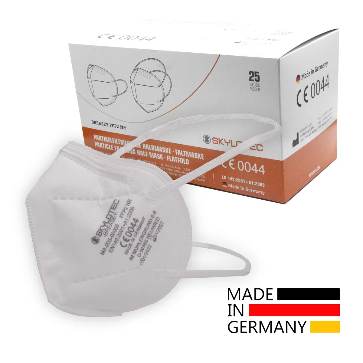 SKYLOTEC - 25 Mascarillas FFP2 Respirador para la Cabeza, Embalaje Individual y Fabricado en Alemania, 5 Capas, Protección contra el Polvo, Empaquetadas Individualmente