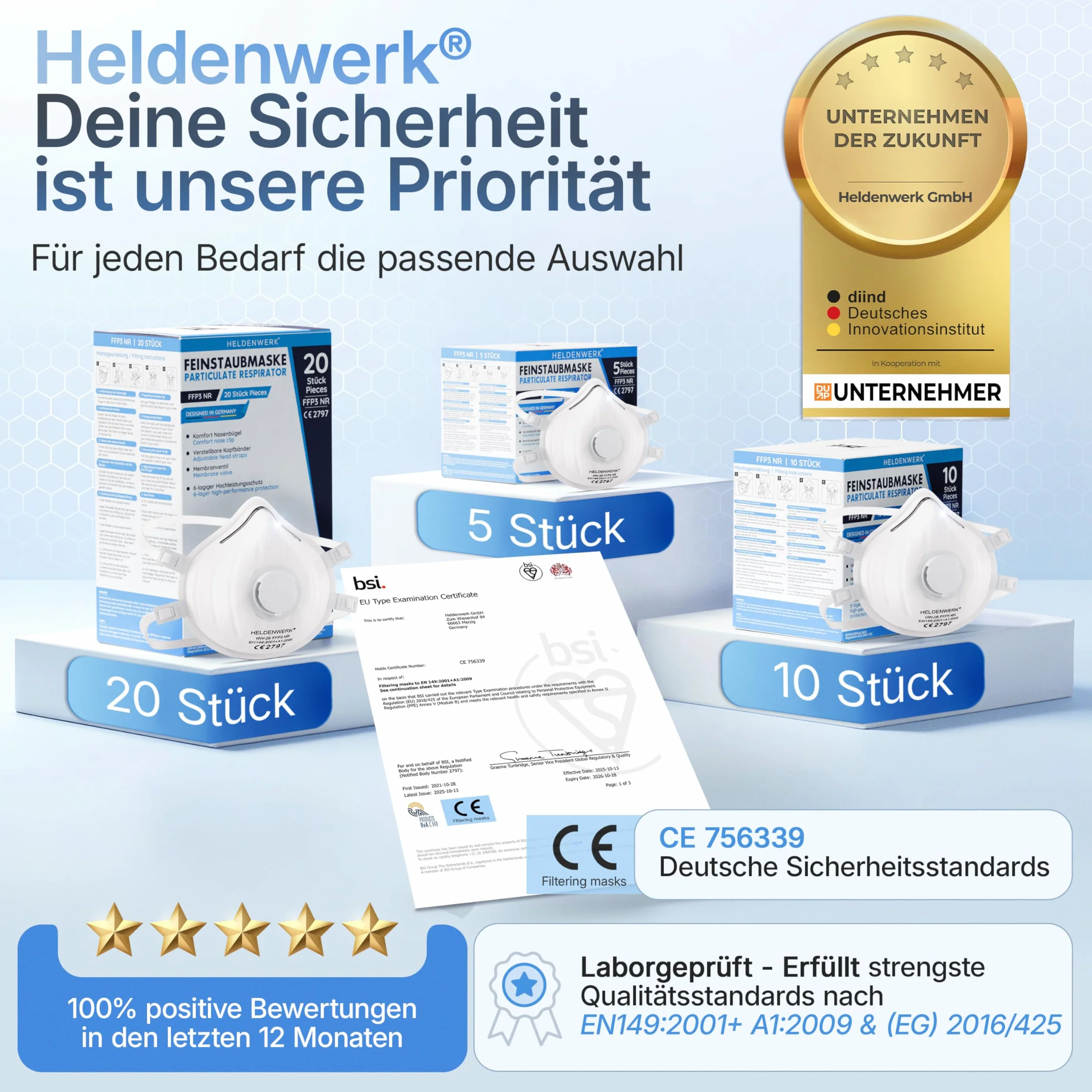 HELDENWERK Máscara FFP3 con válvula – Juego de 5, 10 o 20 unidades – Mascarilla respiratoria/antipolvo certificada válvula de exhalación – Máscaras antipolvo con banda trasera ajustable (20 unidades)