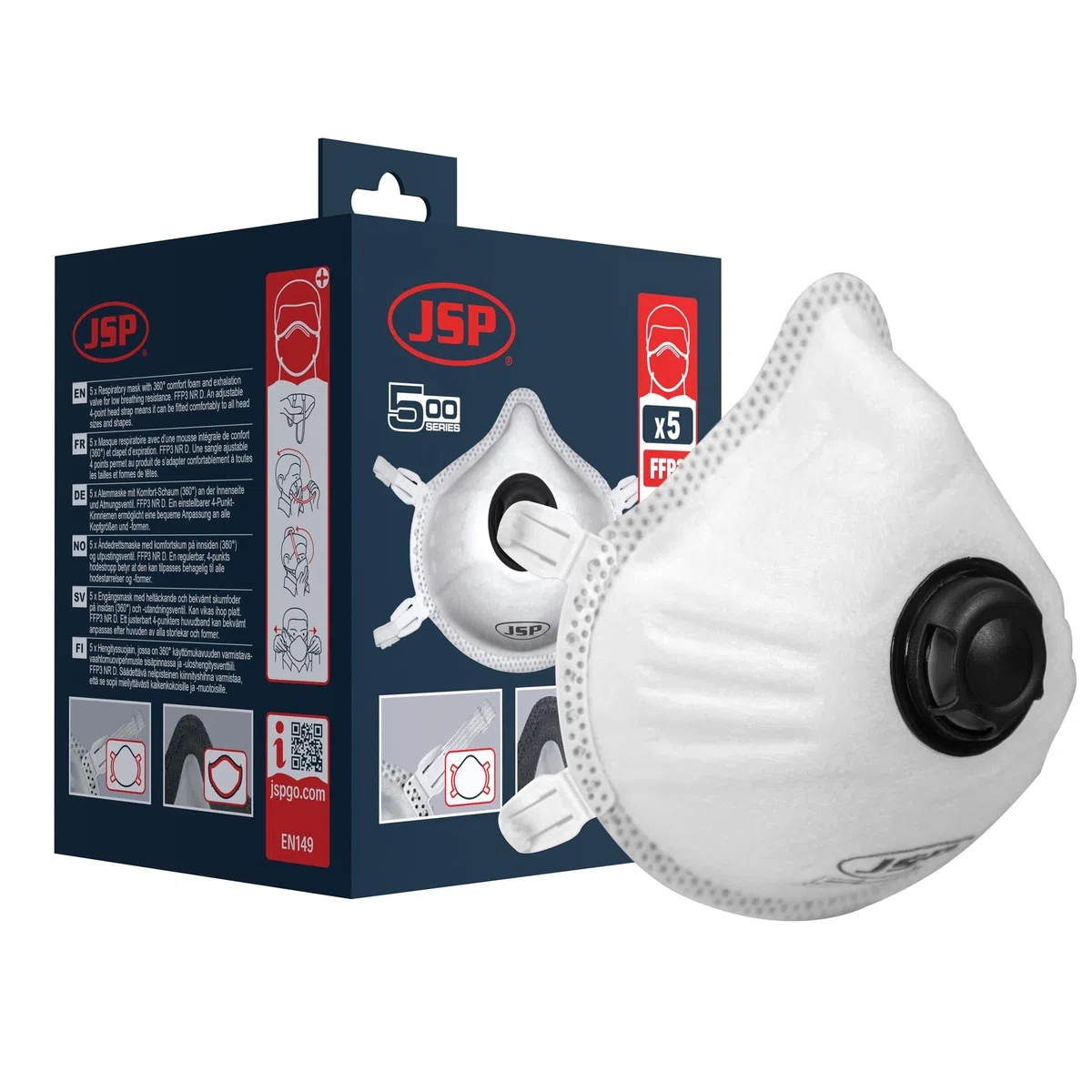 JSP, Mascarilla Desechable Moldeada FFP3 (532),con válvula - Caja de 5, BEK130-002-M00
