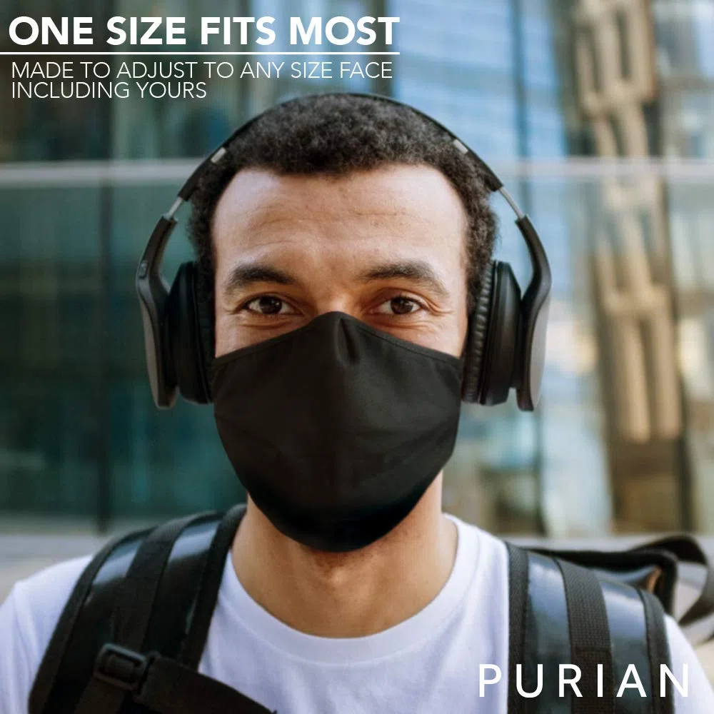 Purian Mascarilla facial adulto XL (extragrande) para hombres con barba, correas negras con ajuste rápido de bloqueo de cordón para uso todo el día