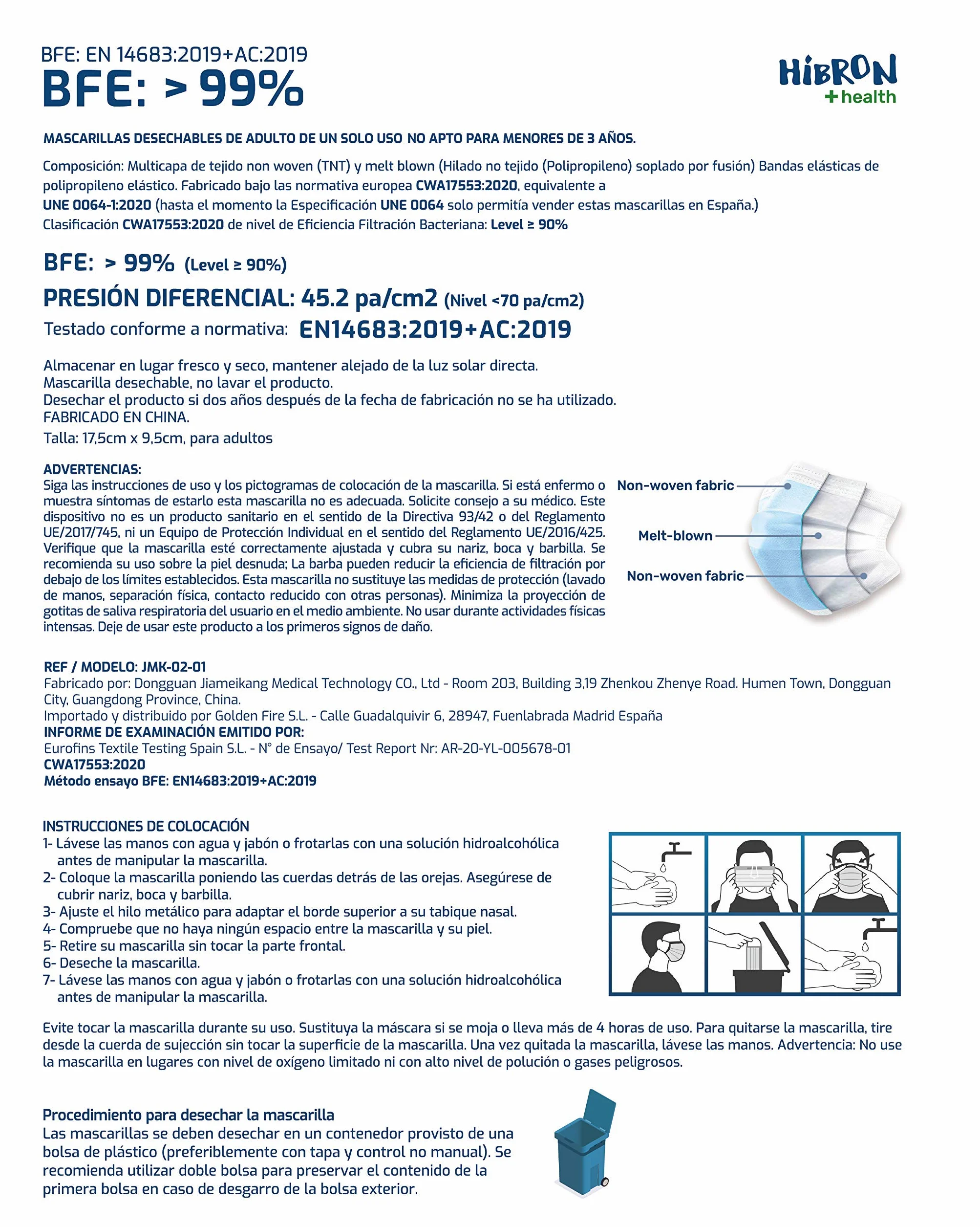 600 Mascarillas Desechables Homologadas CWA 17553: 2020 con Método de Ensayo BFE: EN14683:2019 en España, BFE > 99%