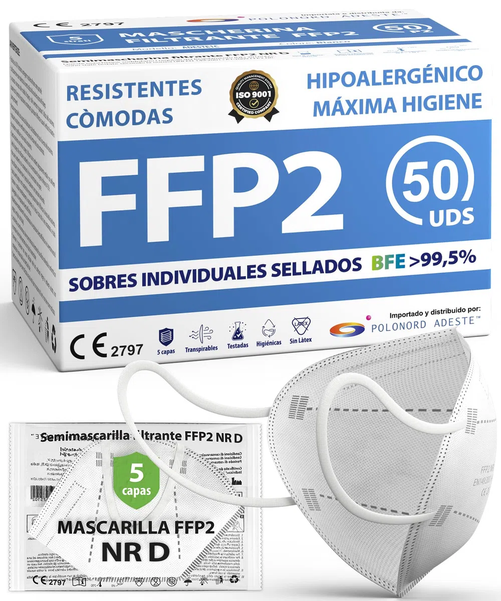 ADESTE – 50 Mascarillas FFP2 Blancas con Certificado CE, cadena controlada, elásticos cómodos, hipoalergénicos y regulables. Seguras: potencia de filtrado BFE >99,5%. Sobres individuales sellados