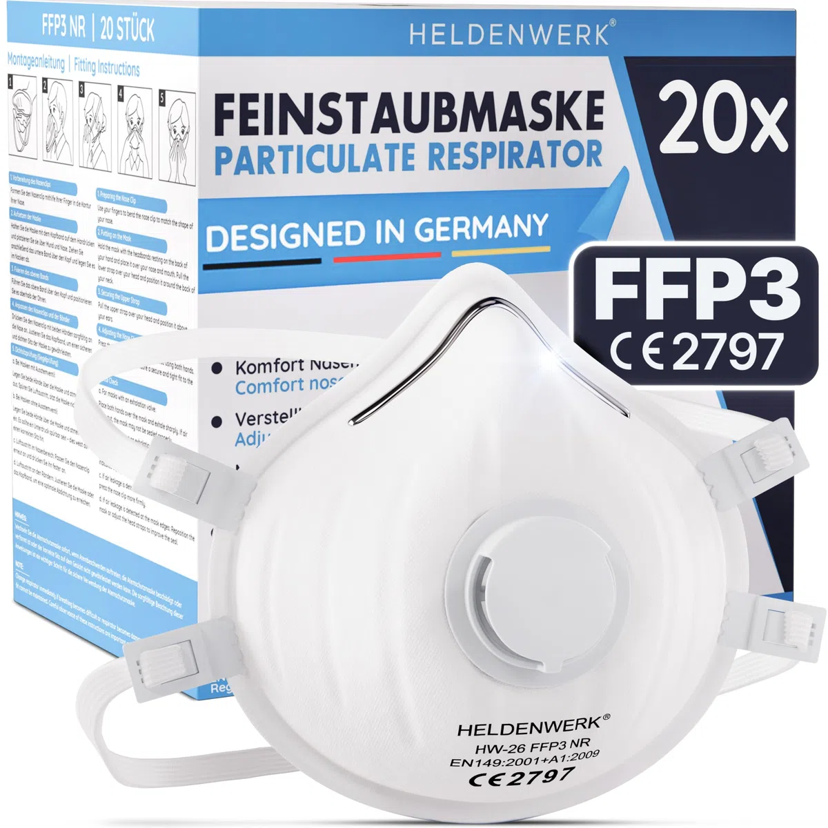HELDENWERK Máscara FFP3 con válvula – Juego de 5, 10 o 20 unidades – Mascarilla respiratoria/antipolvo certificada válvula de exhalación – Máscaras antipolvo con banda trasera ajustable (20 unidades)