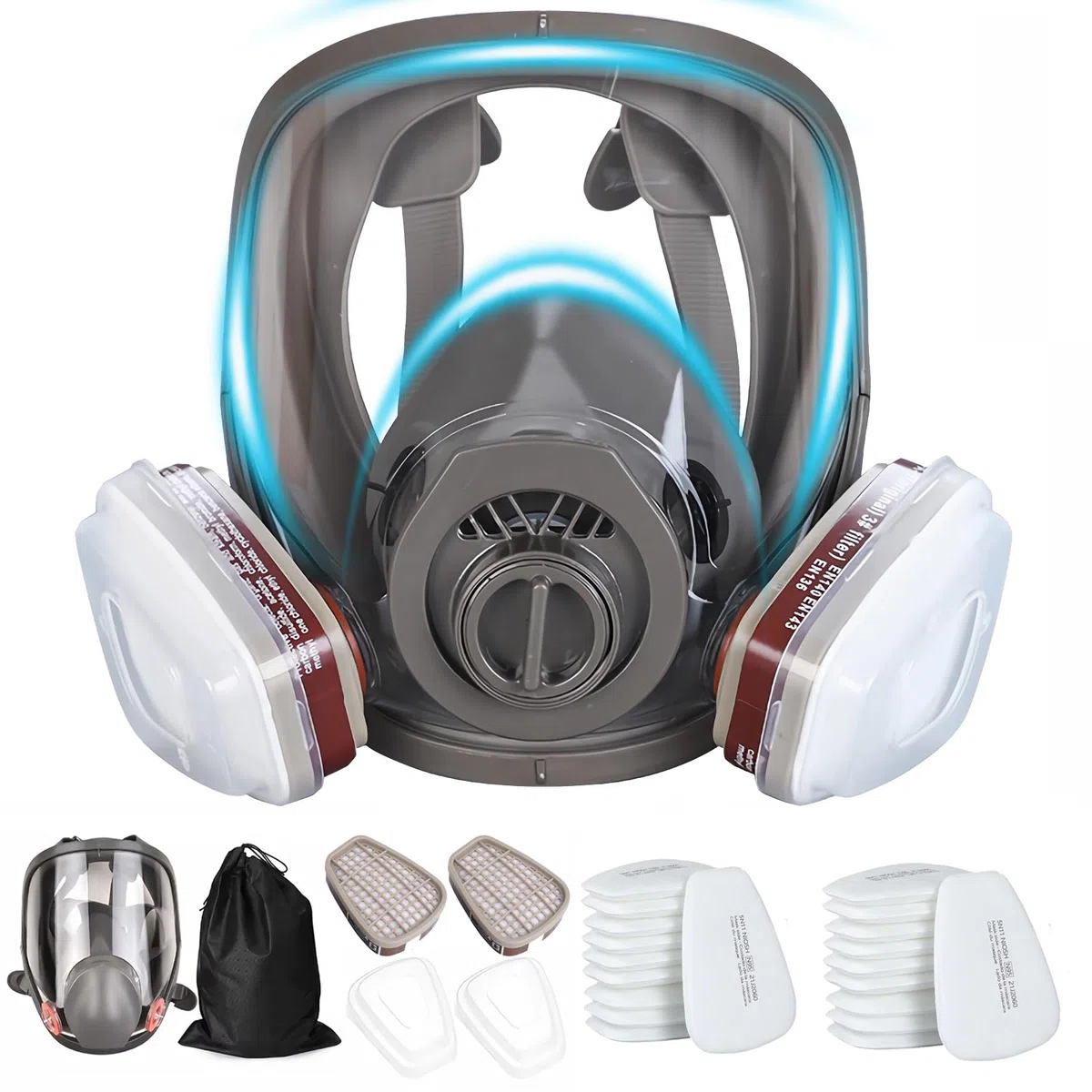 Cubierta de máscara completa reutilizable profesional con gafas de protección - Equipado con 2 filtros y 20 filtros de algodón para artesanos, bricolaje, aerosol de pintura y pesticidas, etc