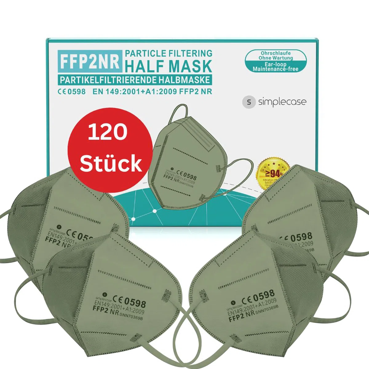 Simplecase - 120 mascarillas FFP2 certificadas por el organismo designado oficialmente 0598, respirador, máscara de filtro de partículas
