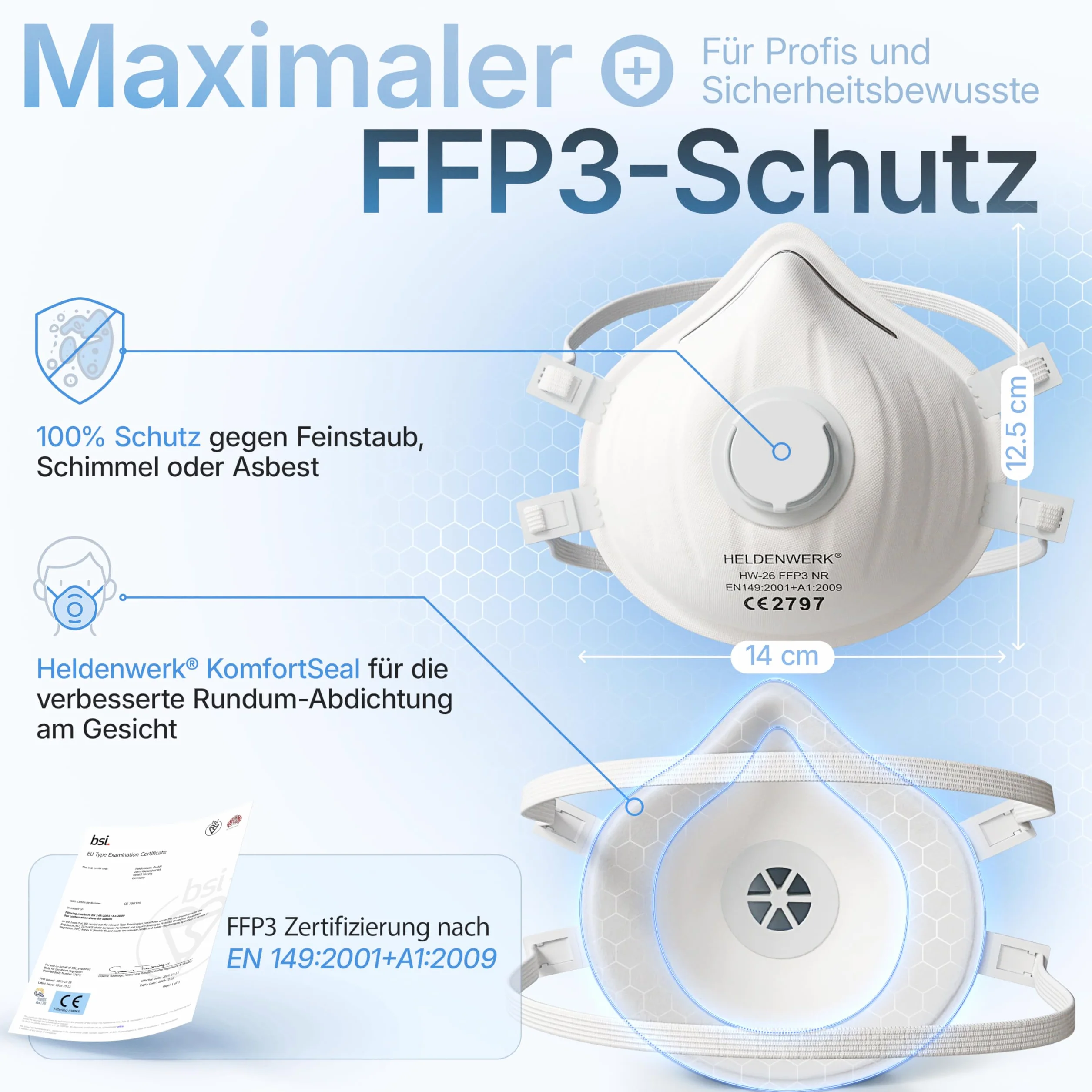 HELDENWERK Máscara FFP3 con válvula – Juego de 5, 10 o 20 unidades – Mascarilla respiratoria/antipolvo certificada válvula de exhalación – Máscaras antipolvo con banda trasera ajustable (20 unidades)