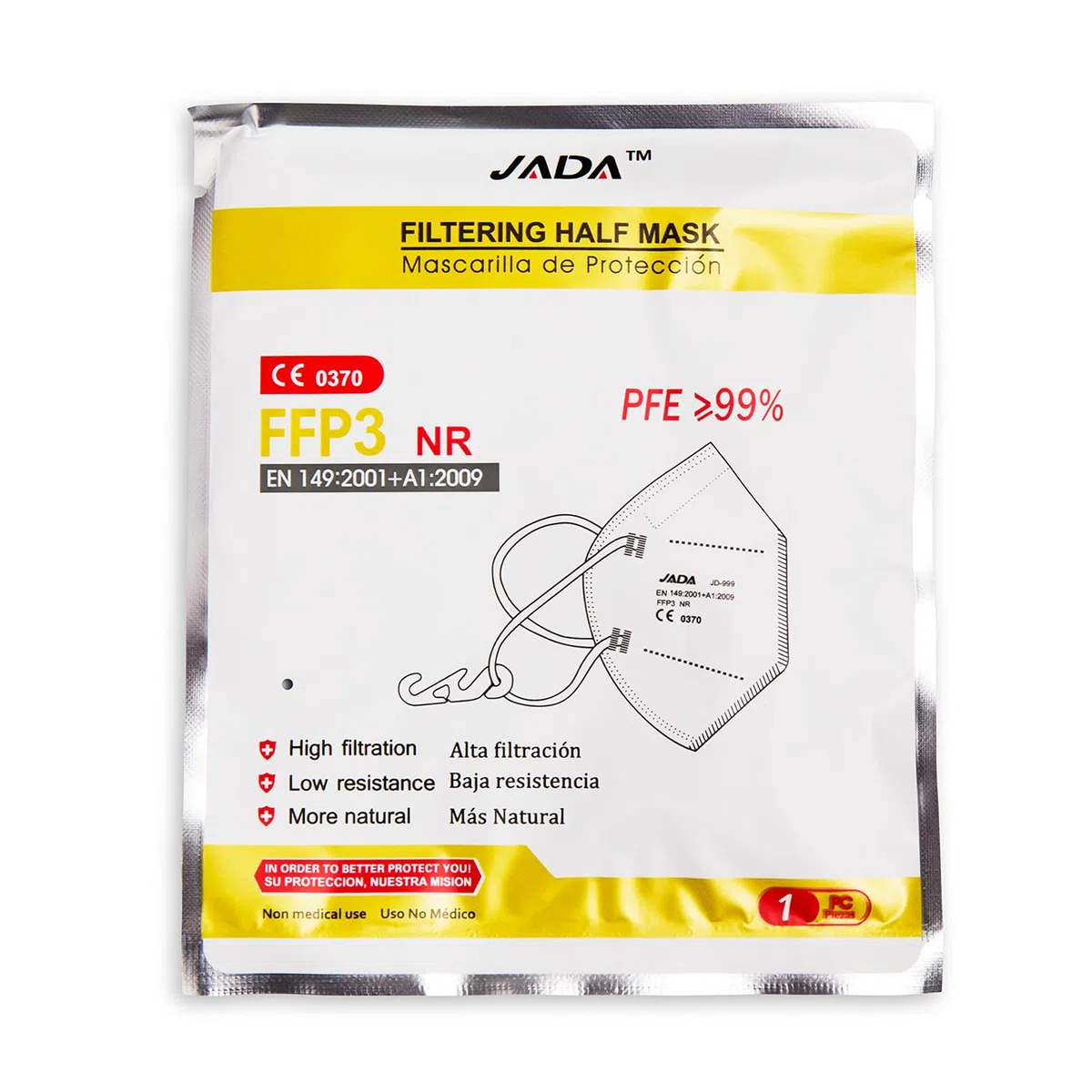 Jada 20 Mascarillas Autofiltrante Fpp3 Homologada. Pfe≥ 99%| Catalogada Epi | Alto Nivel de Protección con 6 Capas de Filtración | Sellado Individualmente 250 g