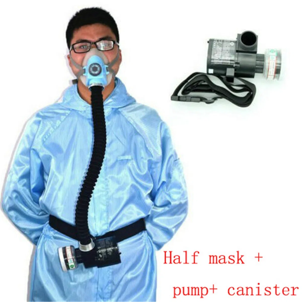 Respirador de cara completa con soplador, tubo de respiración, cargador, filtro y cinturón para protección orgánica de vapor y polvo