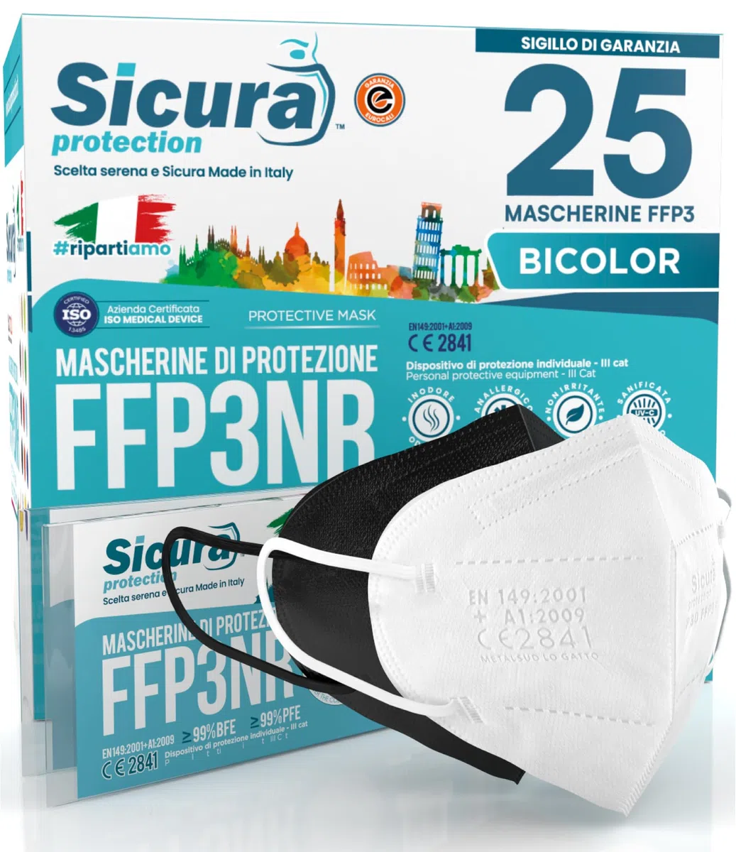 25 mascarillas FFP3 certificadas CE Blancas y Negras Made in Italy BFE ≥99% PFE ≥99% logo SICURA en relieve Mascarilla higienizada y sellada individualmente 12 Blanca + 13 Negra