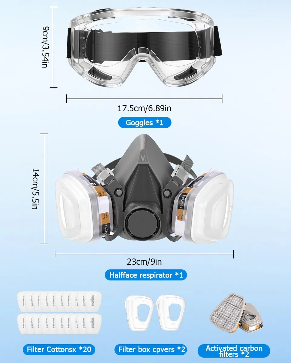 Mascara de Proteccion Respirador Mascarilla Mascara De Gas, con Gafas Protectoras, 20 Cartuchos Filtrantes, para Proteger del Polvo, el Gas, la Pintura, los Vapores Orgánicos y Bricolaje