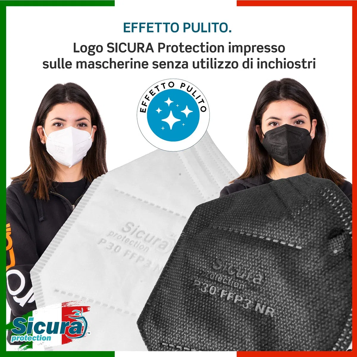 25 mascarillas FFP3 certificadas CE Blancas y Negras Made in Italy BFE ≥99% PFE ≥99% logo SICURA en relieve Mascarilla higienizada y sellada individualmente 12 Blanca + 13 Negra