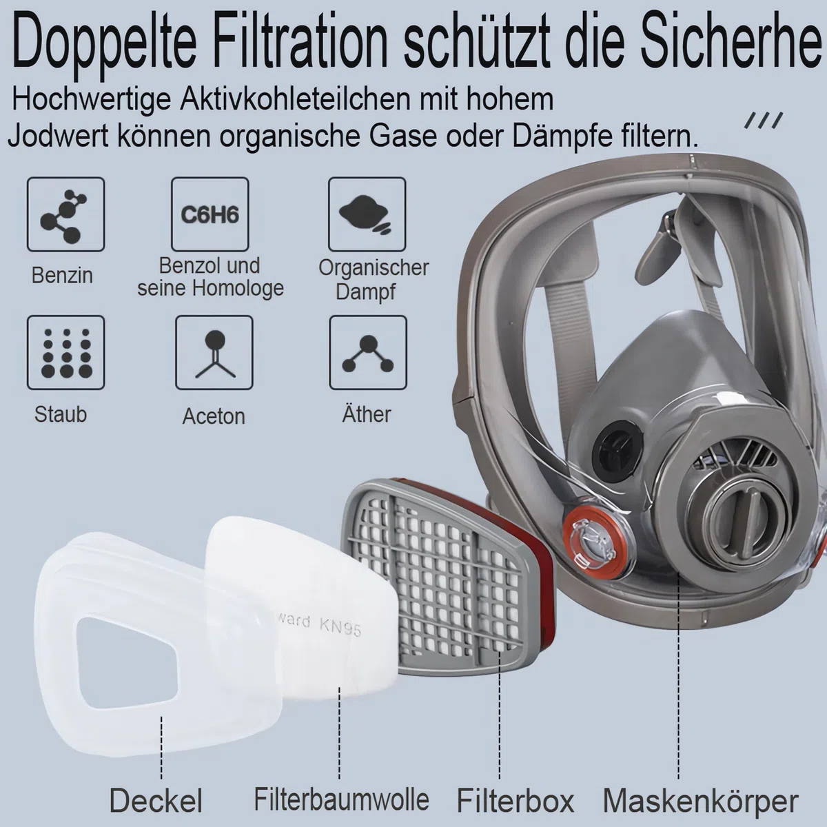 Cubierta de máscara completa reutilizable profesional con gafas de protección - Equipado con 2 filtros y 20 filtros de algodón para artesanos, bricolaje, aerosol de pintura y pesticidas, etc