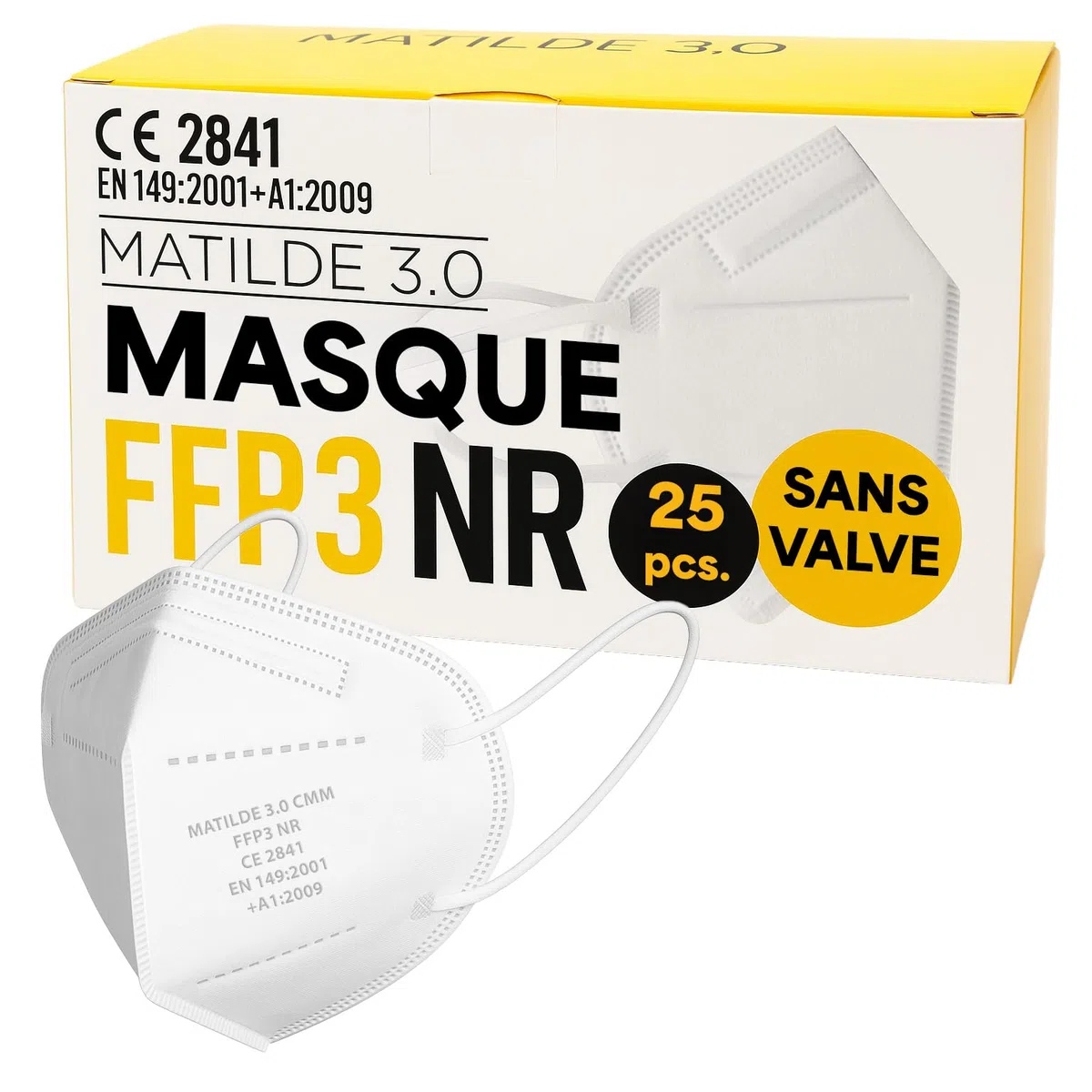 Mascarilla FFP3 NR sin válvula - 25 piezas | Matilde 3.0 Certificado CE 2841 | DPI EN 149:2001 + A1:2009 | Máscara protectora desechable de alta filtración