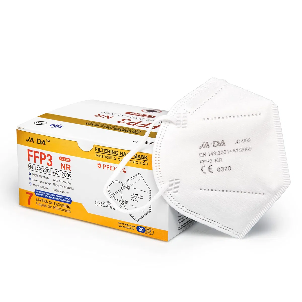 Jada 20 Mascarillas Autofiltrante Fpp3 Homologada. Pfe≥ 99%| Catalogada Epi | Alto Nivel de Protección con 6 Capas de Filtración | Sellado Individualmente 250 g