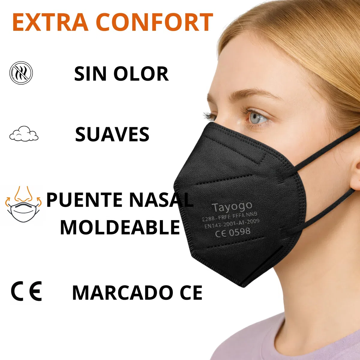 Tayogo Mascarillas FFP2 Negras 50 Unidades CE 0598, Mascarilla FFP2 5 Capas, hasta 99,5% Filtración, Mascarilla Protección Respiratoria, Sin Válvula, Embalaje Individual, Gancho Salva Orejas