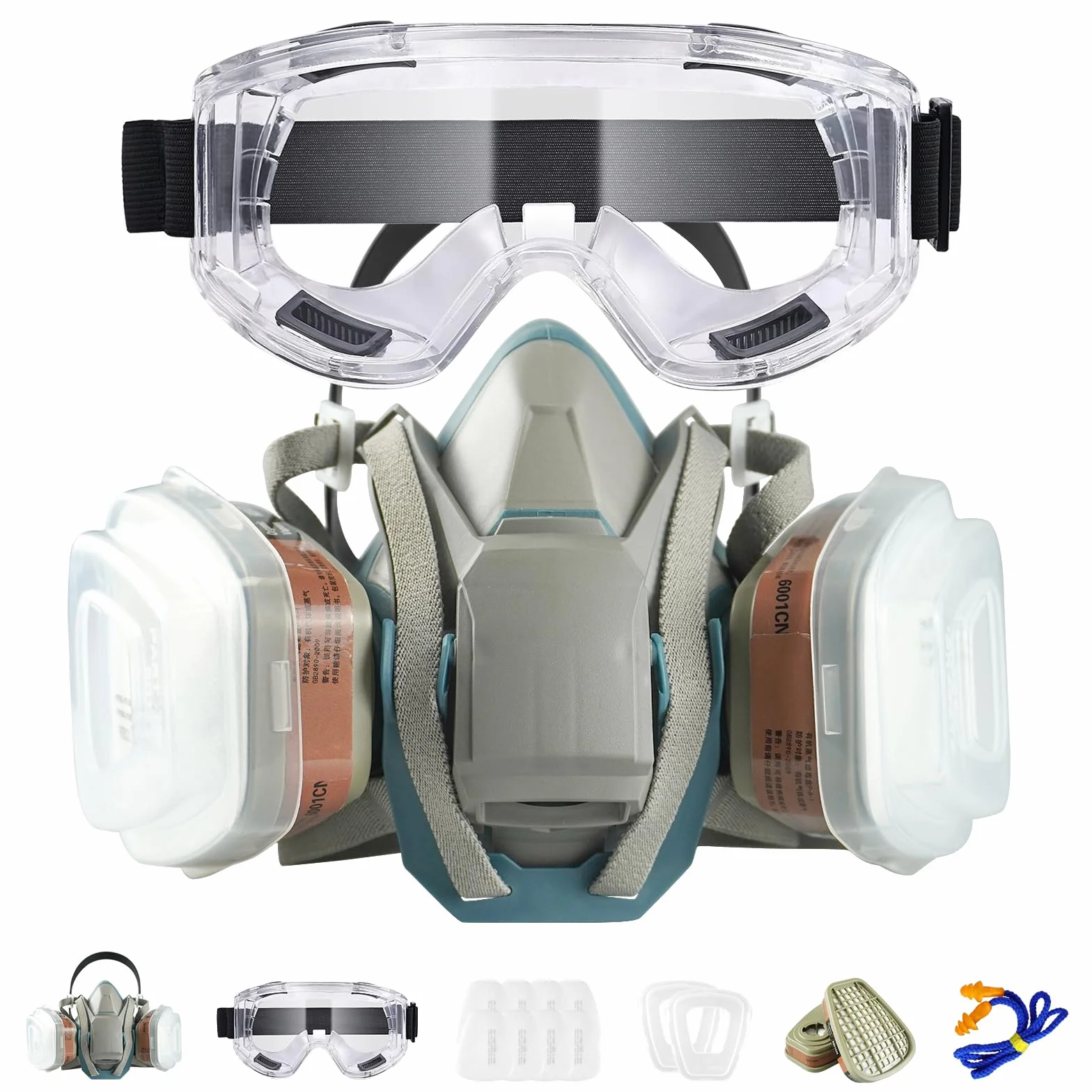 Máscara Respiratoria Reutilizable con Doble Filtro,Cubierta Facial Antipolvo con Gafas, para Esmerilado, Pintura, Polvo, Construcción, Minería, Carpintería, etc.