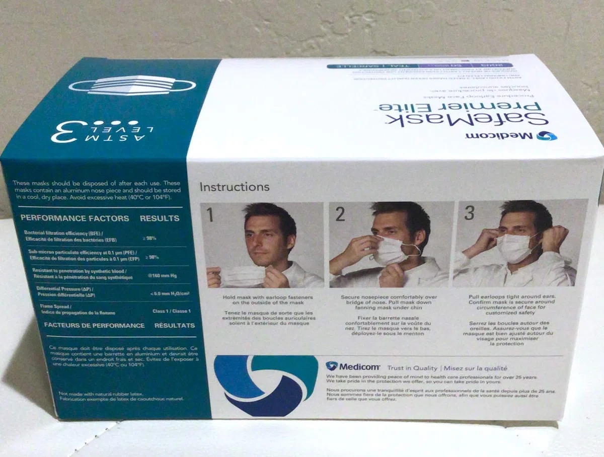 Medicom ASTM Nivel 3 SafeMask Premier Elite Mascarillas faciales 2043, verde azulado, 50/caja