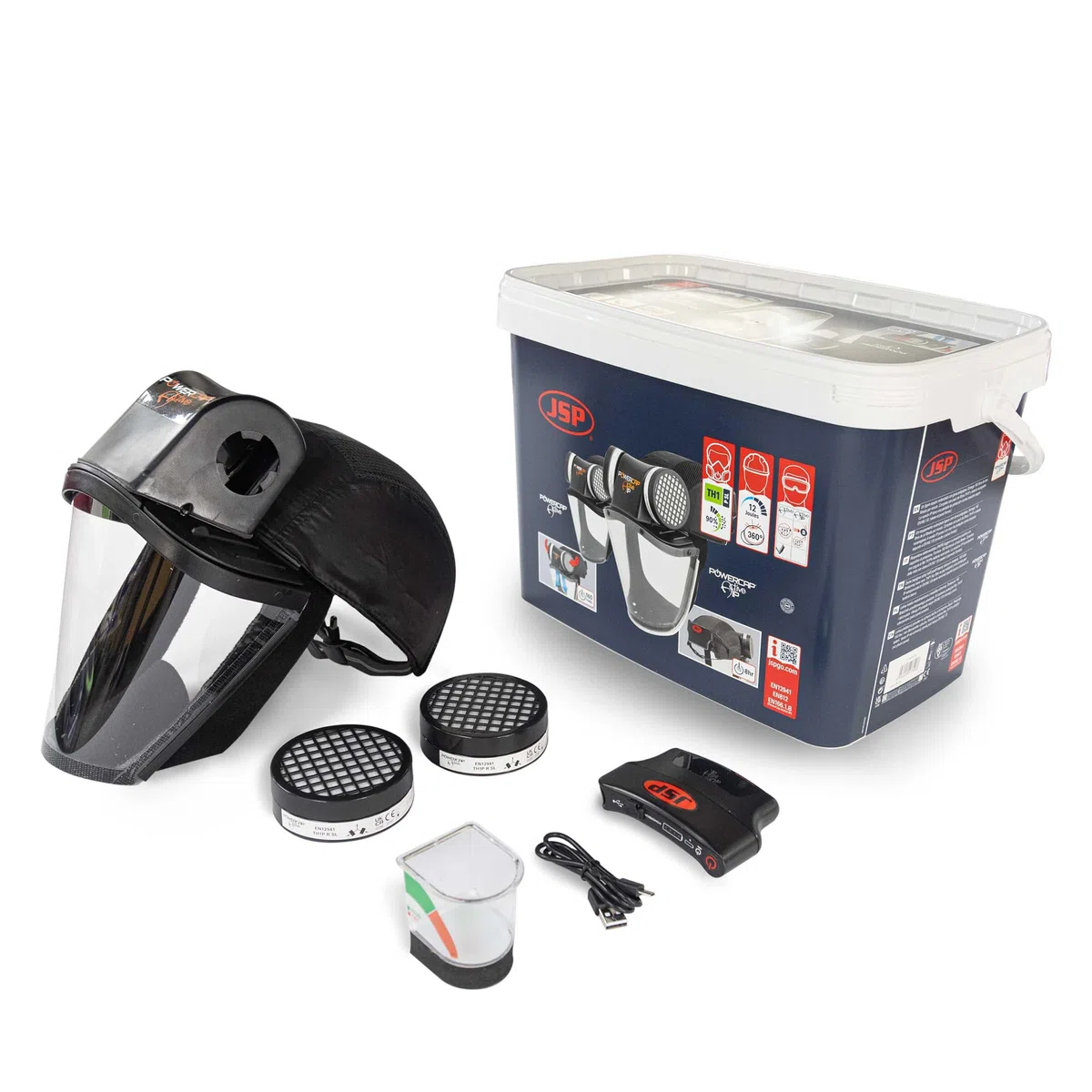 JSP PowerCap Active Respirador Motorizado con Gorra Antigolpes | Protección contra polvo y partículas. Batería 8 h y USB. TH1. Madera, bricolaje. EN 12941 & EN 812.