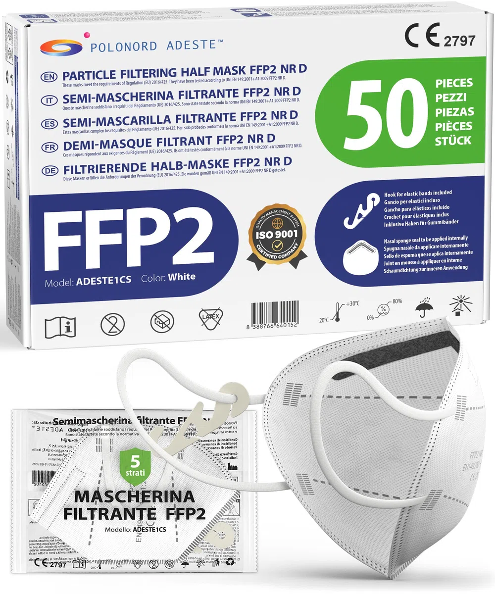 ADESTE – 50 Mascarillas FFP2 NR D Blancas con Certificado CE, cadena controlada, elásticos cómodos, hipoalergénicos y regulables. Seguras: potencia de filtrado BFE >99,5%. Sobres individuales sellados