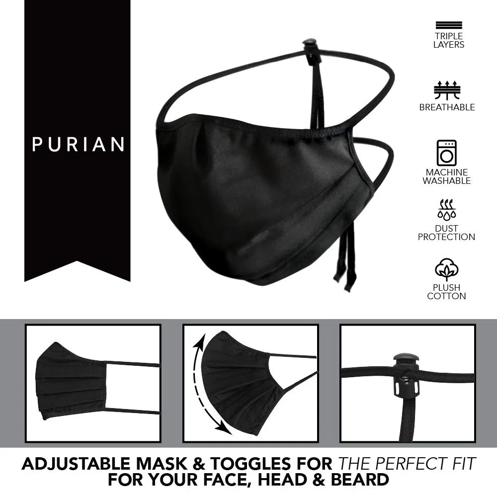 Purian Mascarilla facial adulto XL (extragrande) para hombres con barba, correas negras con ajuste rápido de bloqueo de cordón para uso todo el día