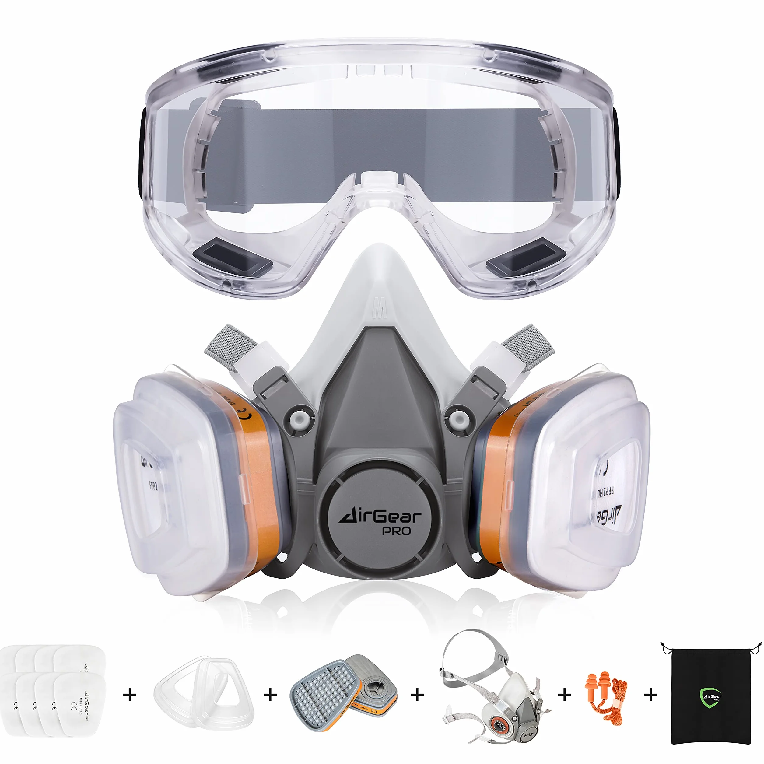 AirGearPro G-500 Máscara Respiratoria Reutilizable, Antipolvo, Antigás con Filtros y Gafas de Protección para Pintar, Construcción, Bricolaje, Lijado