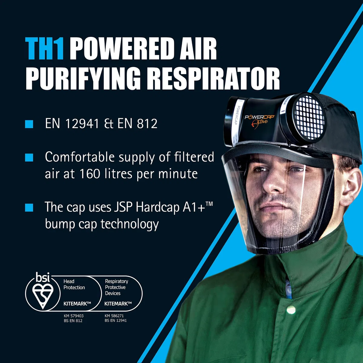 JSP PowerCap Active Respirador Motorizado con Gorra Antigolpes | Protección contra polvo y partículas. Batería 8 h y USB. TH1. Madera, bricolaje. EN 12941 & EN 812.