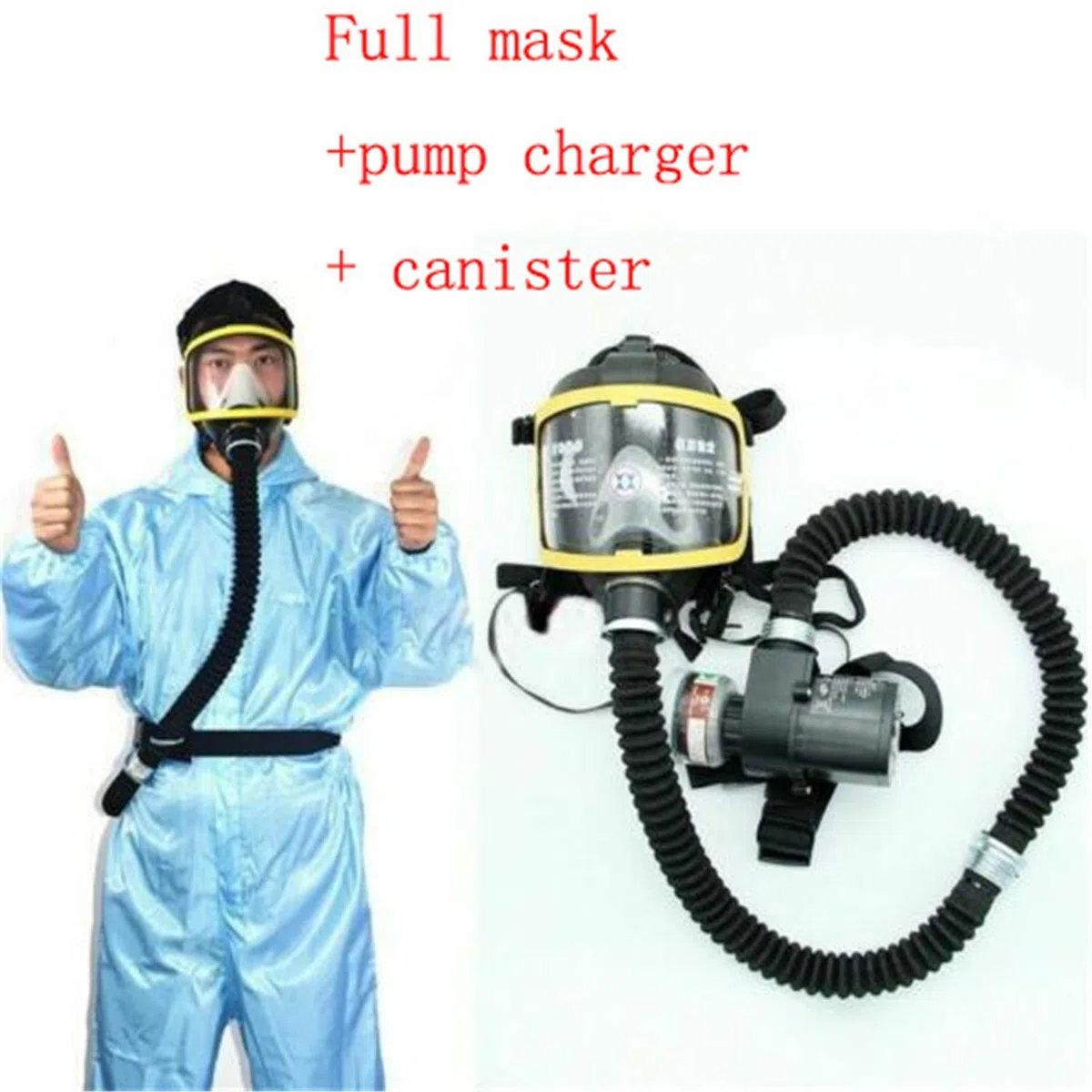 Respirador de cara completa con soplador, tubo de respiración, cargador, filtro y cinturón para protección orgánica de vapor y polvo