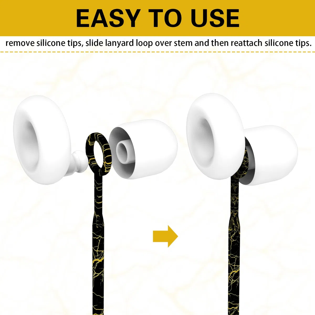 Cordón de silicona flexible para los oídos con cordón de seguridad magnético resistente a tirones, compatible con la mayoría de tapones para los oídos con puntas extraíbles (negro dorado)