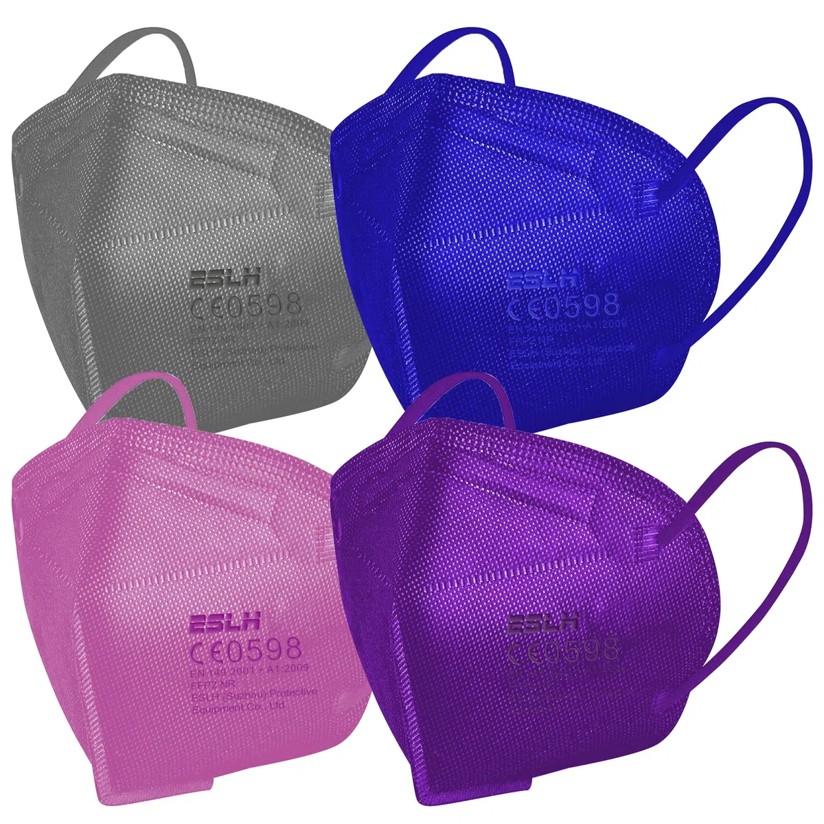 40 Mascarillas FFP2 de colores Certificación ESLH CE | Mascarilla FFP2 Azul, Gris, Púrpura, Rosa sellada individualmente con ganchos para protección auditiva | 5 Capas protectoras PFE ≥ 94%