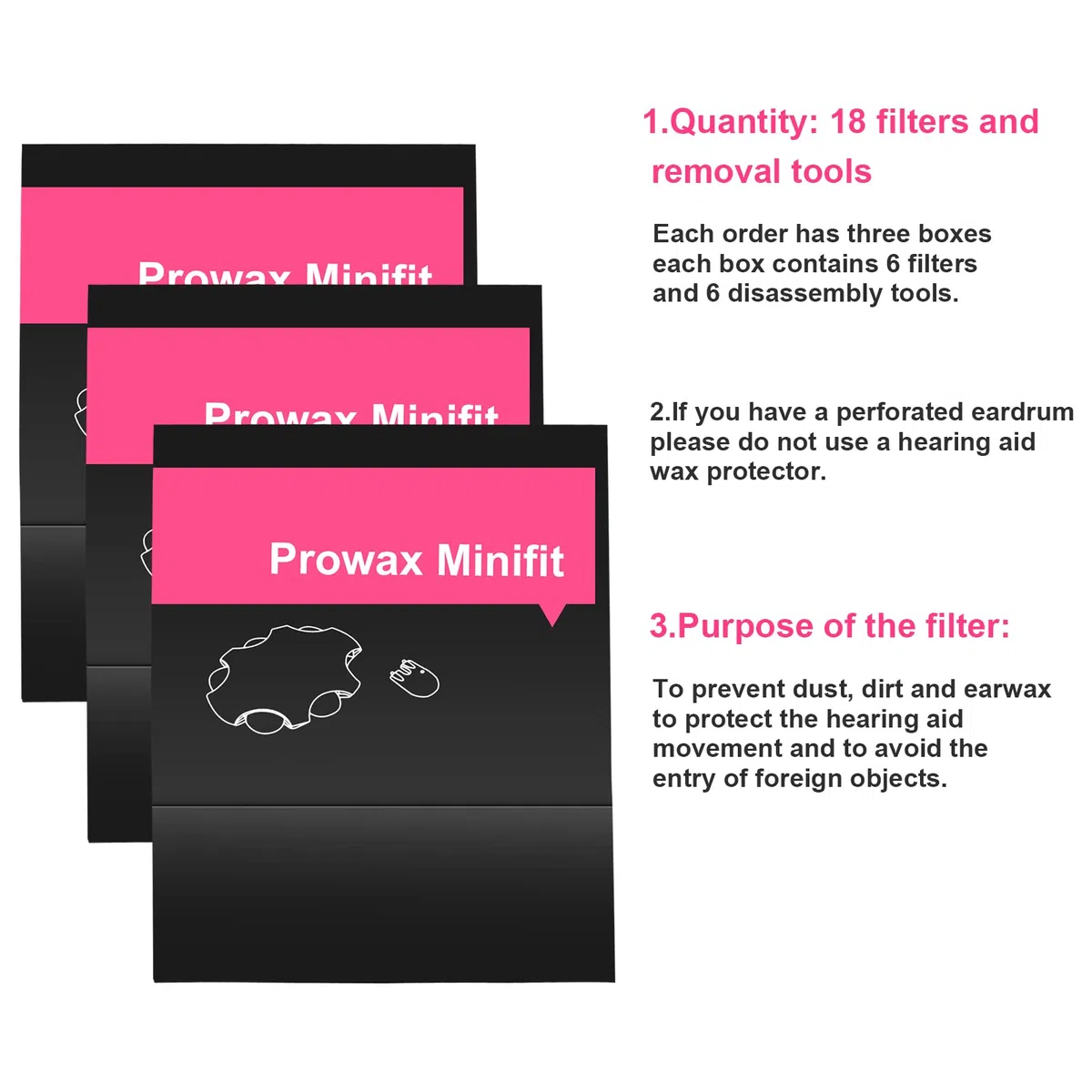 ProWax MiniFit Filtro de Cerumen para Audífonos, Paquete de 3, ProWax MiniFit Filtro Protector de Cerumen de Repuesto con 6 Herramientas y 6 Filtros (18 Piezas)