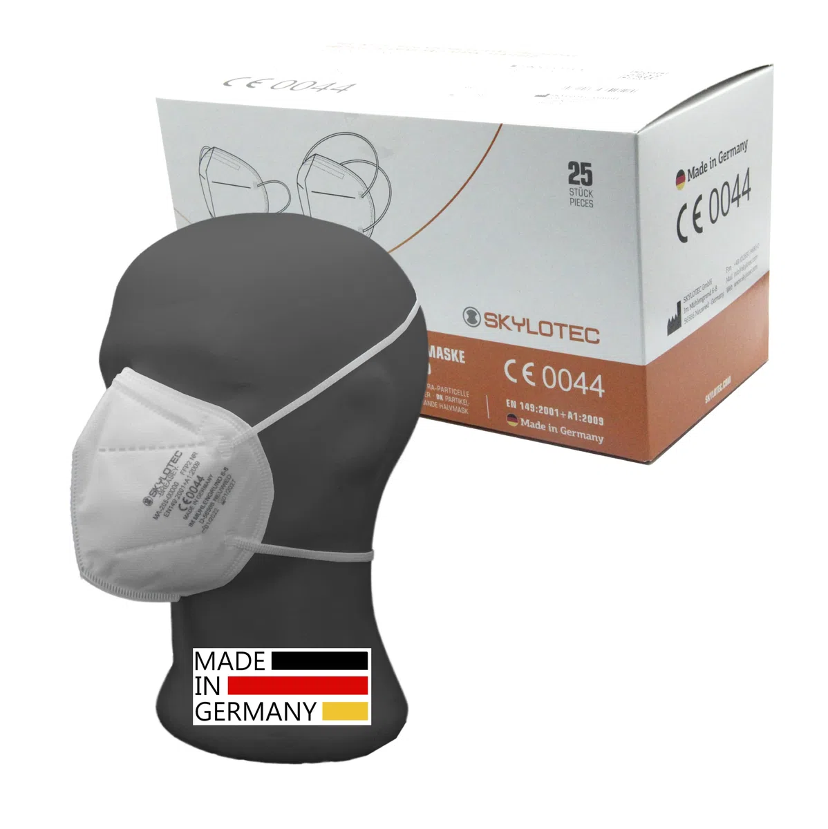 SKYLOTEC - 25 Mascarillas FFP2 Respirador para la Cabeza, Embalaje Individual y Fabricado en Alemania, 5 Capas, Protección contra el Polvo, Empaquetadas Individualmente