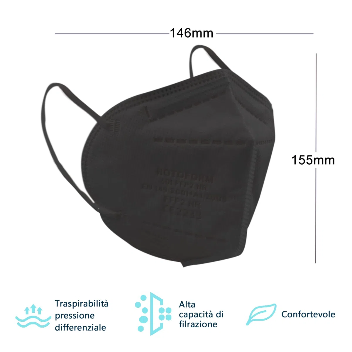 Mascarilla FFP2 negra con 50 unidades, con certificación CE 2233, fabricada en la UE, conforme a las normas EN149:2001+A1:2009 UE 2016/425, cómoda con elásticos flexibles y resistentes
