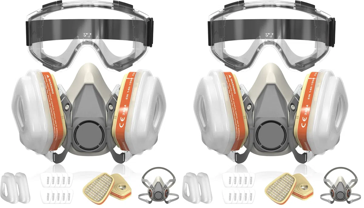 SURFOU Mascarilla A1P2 Antipolvo, Media Máscara Reutilizable con 2 Cartuchos Filtro + 10 Prefiltros + Gafas de Protección, para Pintura, Esmaltado, Pulido y Resina Epoxi (Paquete de 2)