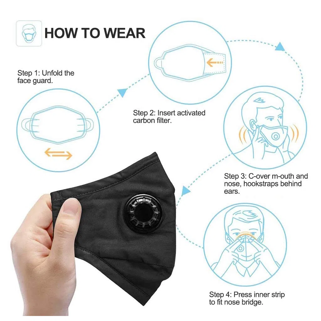 4 Piezas Bandanas de Algodón Reutilizable Lavable Ajustable con Válvula de Respiración y 12 Filtros de Carbón Activado para Antipolvo, Anti Haze, Anti Pollution, Envío desde España