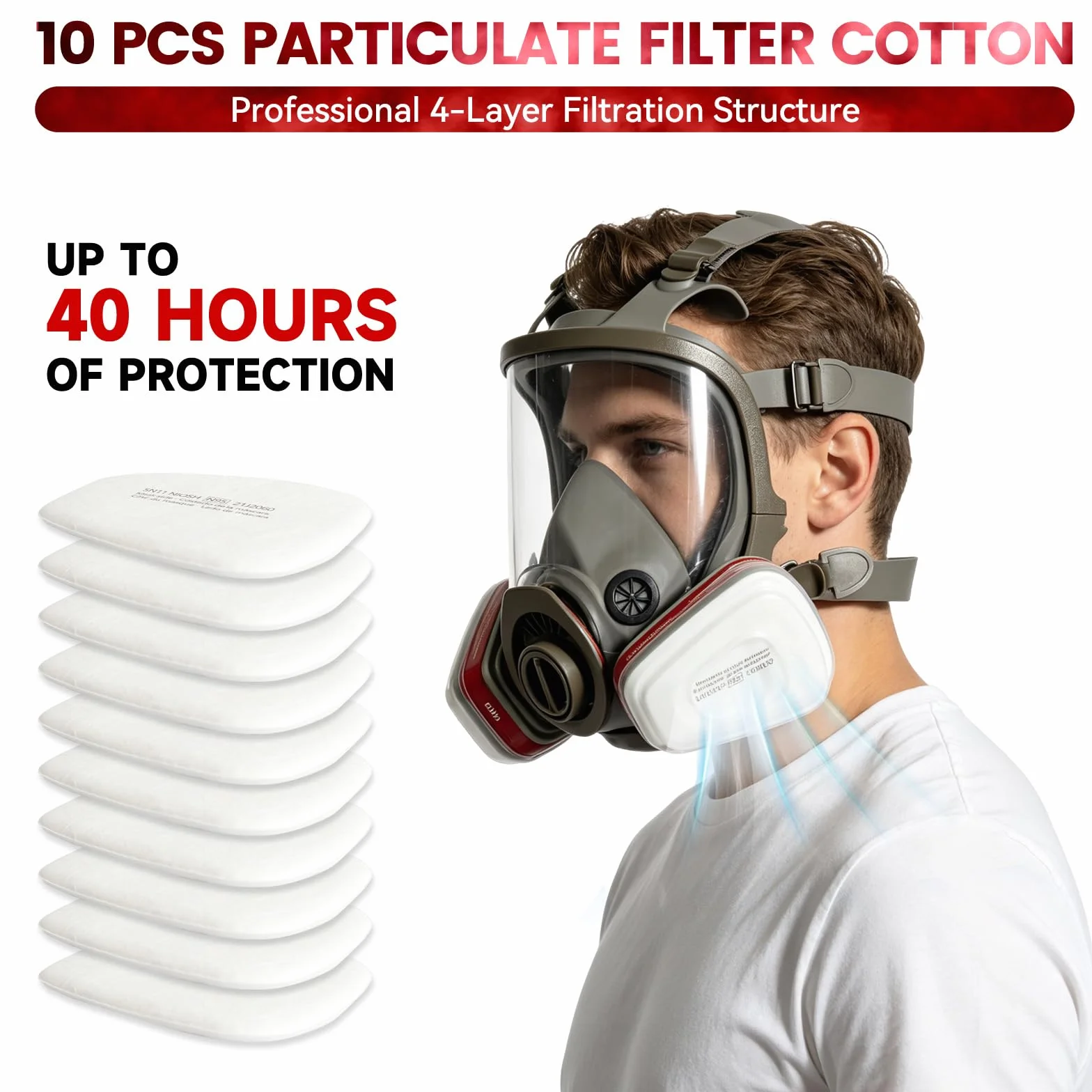 Mascarilla de cara completa con 10 filtros, máscara antipolvo 15 en 1 reutilizable para lijar, barnizar, pulir polvo fino, máscara de gas, máscara de pintura con filtro