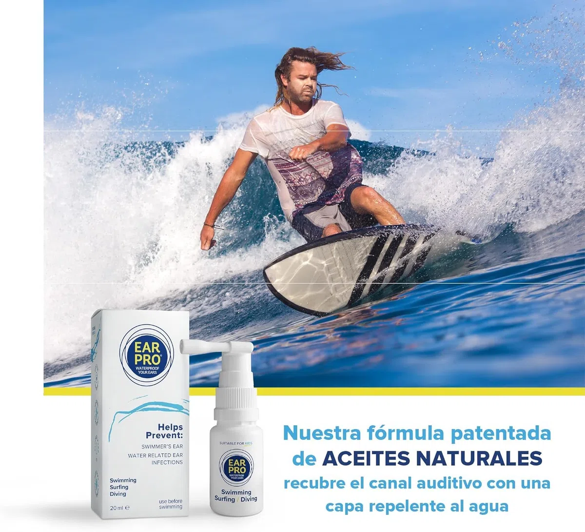 Ear Pro Sustituto para tapones oídos piscina. Aceite spray Seguro y Natural para los oídos que ayuda a proteger los oídos del agua y evitar infecciones para adultos y niños.