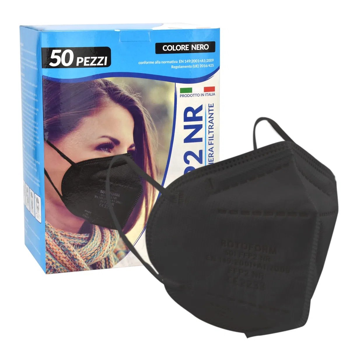 Mascarilla FFP2 negra con 50 unidades, con certificación CE 2233, fabricada en la UE, conforme a las normas EN149:2001+A1:2009 UE 2016/425, cómoda con elásticos flexibles y resistentes