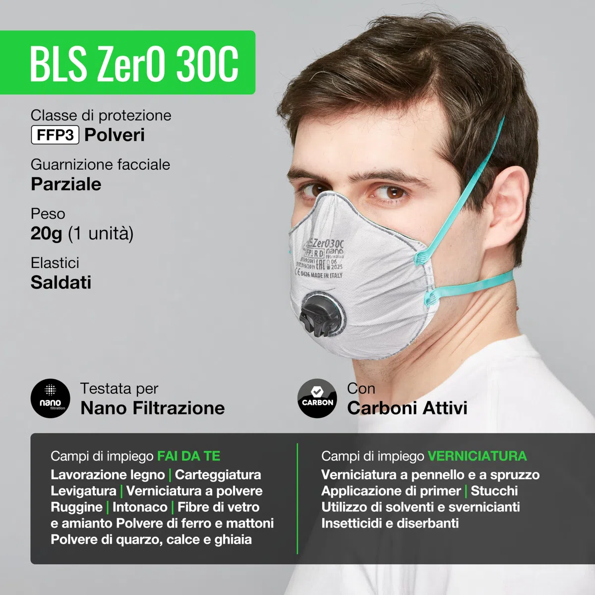 BLS 8006338 Serie Zer0 30 C Mascarillas Desechables en Forma de Copa, FFP3 R D, Con Válvula de Exhalación, Soldados Elásticos, Con Carbón Activado, Parcial Sellado Facial, Caja de 10