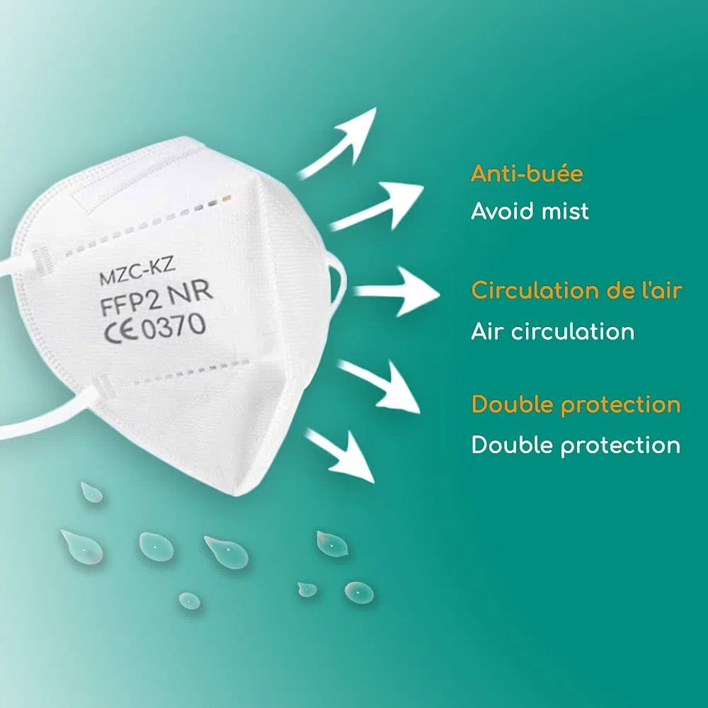 Paquete x100 Máscarillas Respiratorias Protección FFP2 NR desechables, 5 CAPAS, probadas y certificadas CE EN149 por un Organismo Notificado (Notified Body), EFB > 94%, 5 cajas de 20 unidades